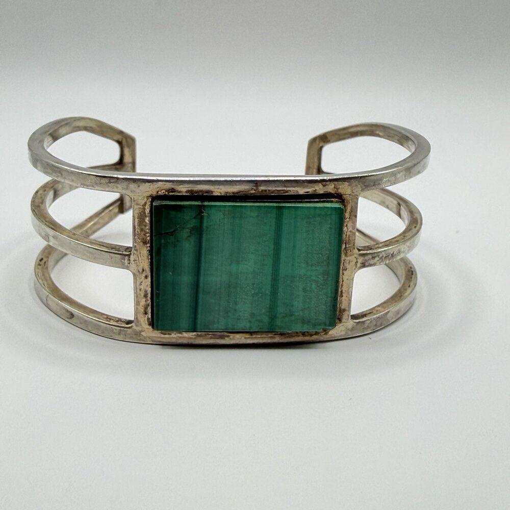 925 Sterling Silver Malachite Triple Band Cuff Bracelet 7.5" 36.6g